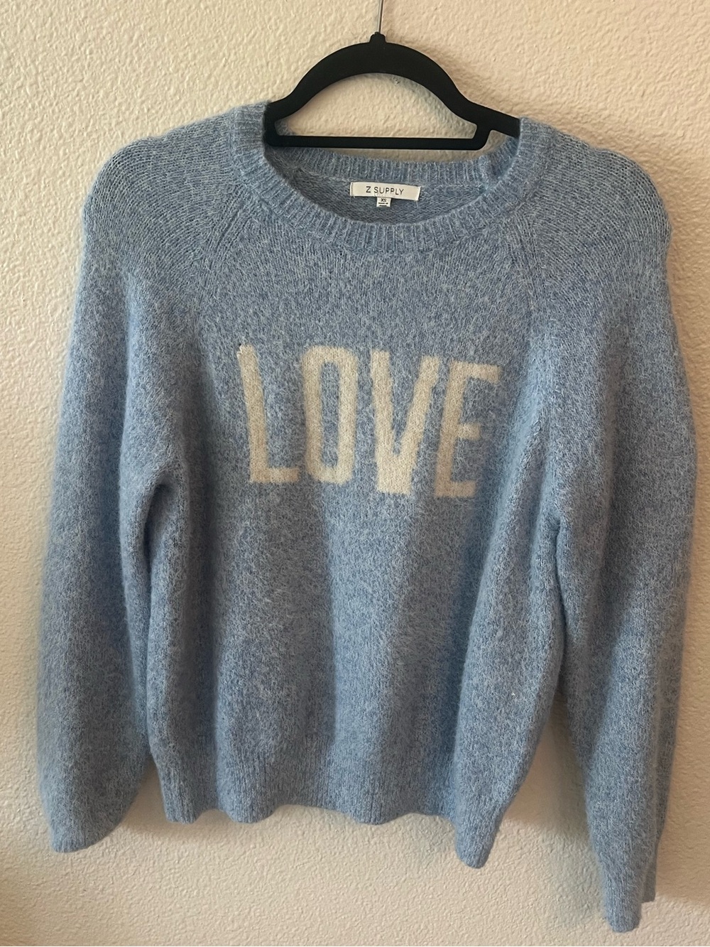 Z Supply Light Blue 'LOVE' Crewneck Sweater with Cream Lettering